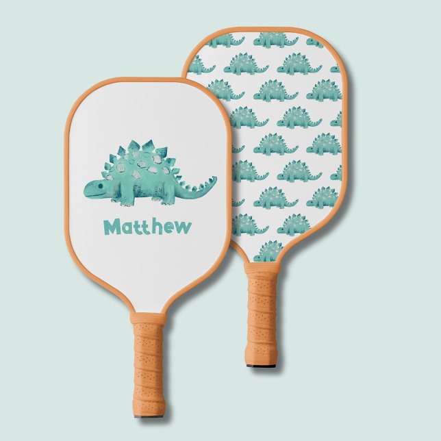 Dinosaur Kids Pickleball Paddle (Cute dinosaur stegosaurus pickleball paddle.  Pattern to one side.  Personalize with your own name.)