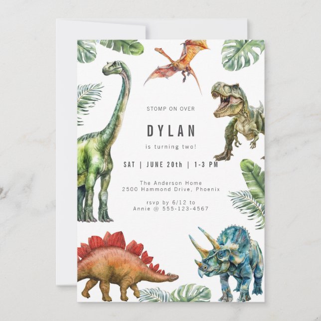 Dinosaur Kids Watercolor Birthday Invitation (Front)