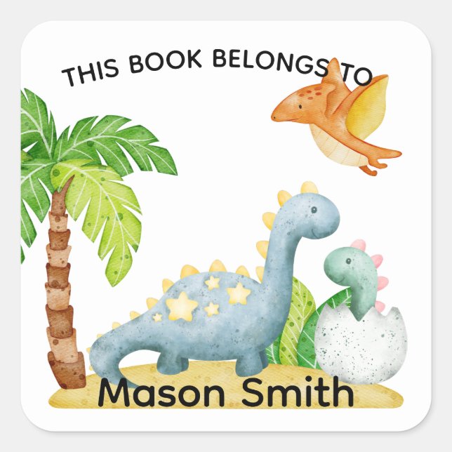 Dinosaur Land and Kids Name Square Sticker (Front)