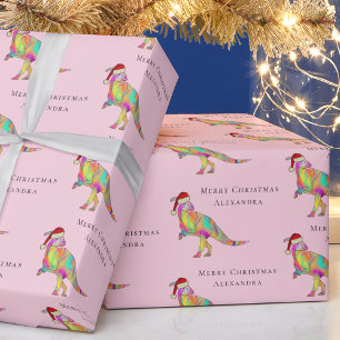 Dinosaur Merry Christmas Personalized Girl Name Wrapping Paper