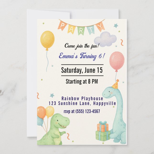 Dinosaur mignon Invitation d'anniversaire - Neutre (Devant)
