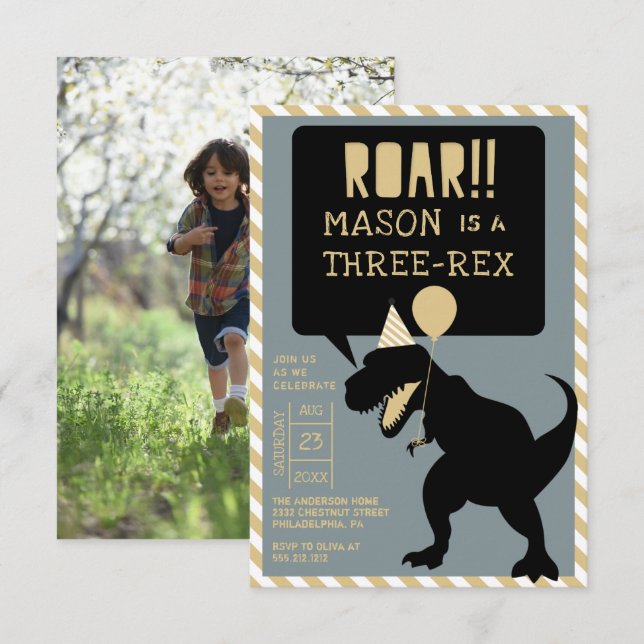 Dinosaur Modern Three Rex Birthday Invite (Front/Back)