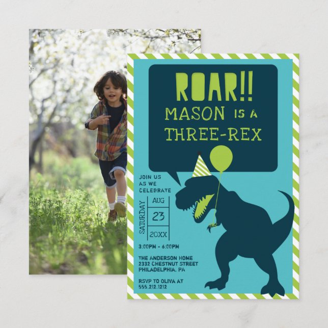 Dinosaur Moderne Trois Rex Invitation d'anniversai (Devant / Derrière)
