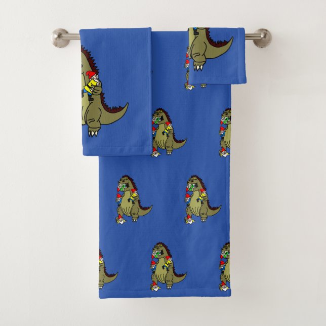 Dinosaur Monster Eating Gnomes Bath Towel Set (Insitu)