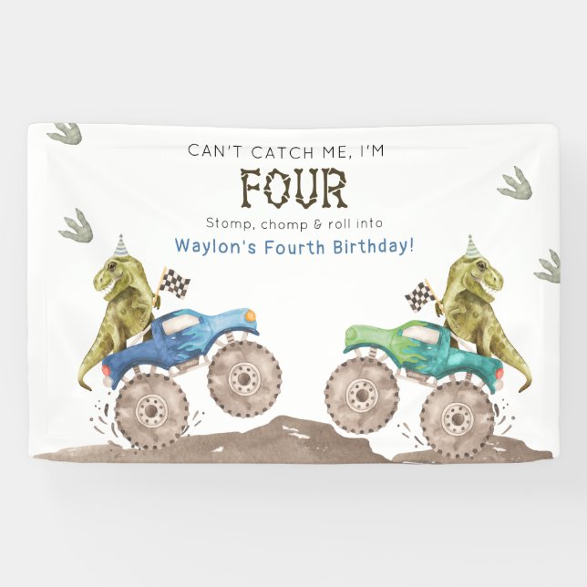 Dinosaur & Monster Truck 4th Birthday Vinyl Banner (Horizontal)