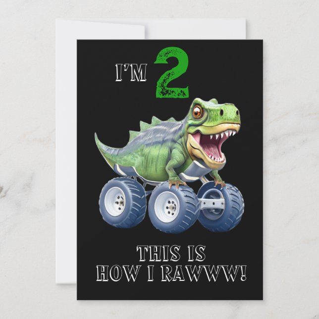 Dinosaur monster truck personalized birthday  invitation (Front)
