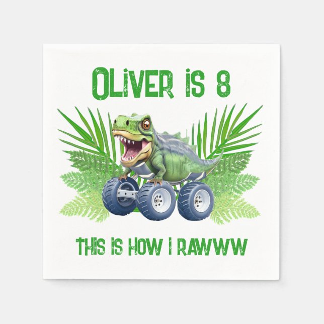 Dinosaur monster truck personalized birthday  napkin (Front)