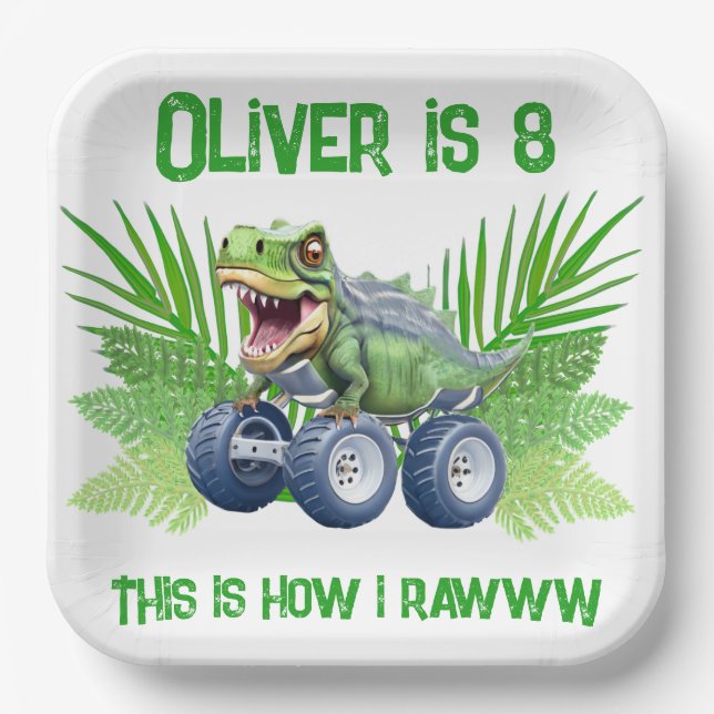 Dinosaur monster truck personalized birthday  paper plate (Front)
