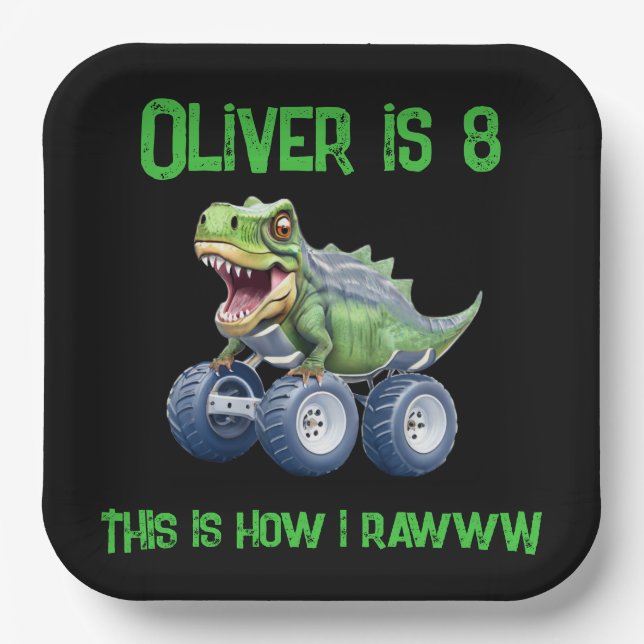 Dinosaur monster truck personalized birthday  paper plate (Front)