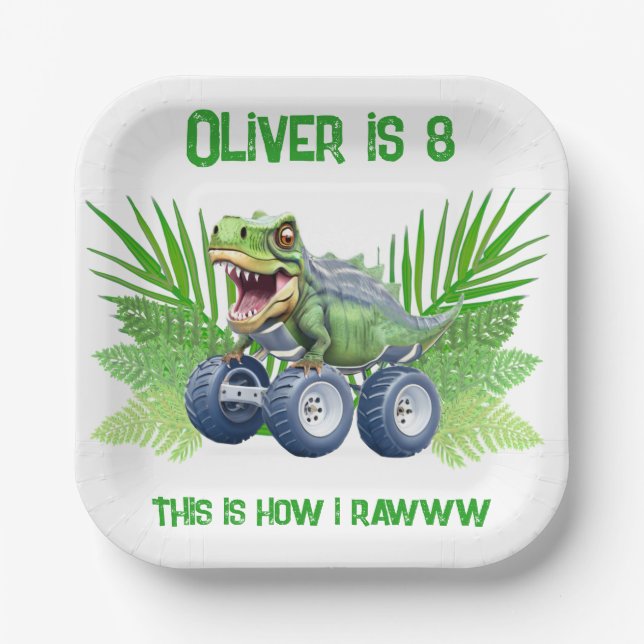 Dinosaur monster truck personalized birthday  paper plate (Front)