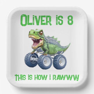 Dinosaur monster truck personalized birthday paper plate