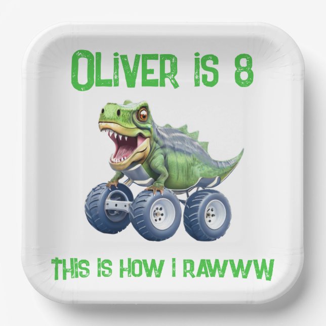 Dinosaur monster truck personalized birthday  paper plate (Front)