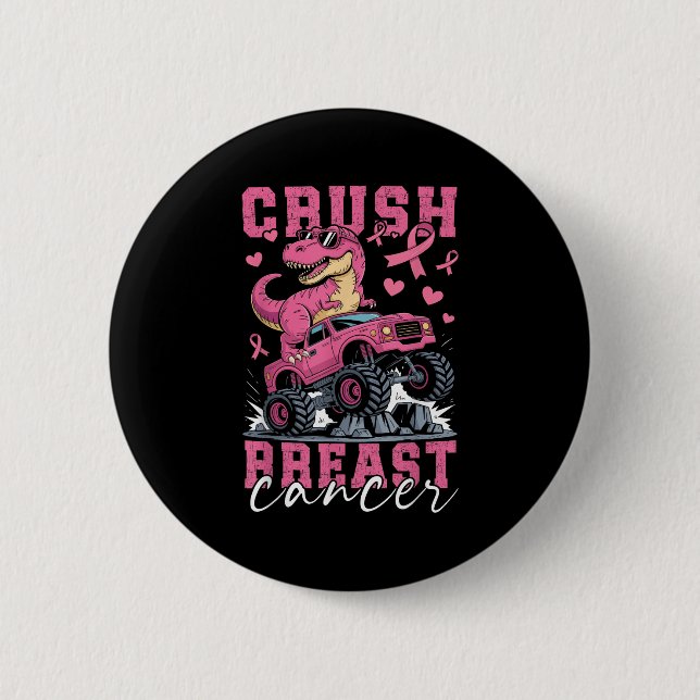 Dinosaur Monster Truck Pink Ribbon Crush Breast Ca 2 Inch Round Button (Front)
