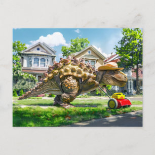 Dinosaur Mowing Lawn in Suburbia Holiday Postcard