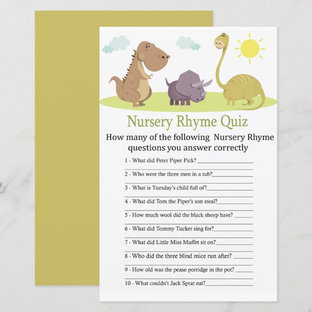 Dinosaur Nursery Rhyme Quiz baby shower game (Front/Back)