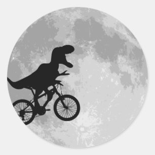 Dinosaur on a Bike In Sky With Moon Classic Round Sticker