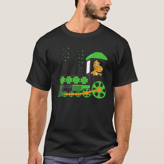 Dinosaur On Train St Patrick's Day Train Irish Sha T-Shirt (Front)