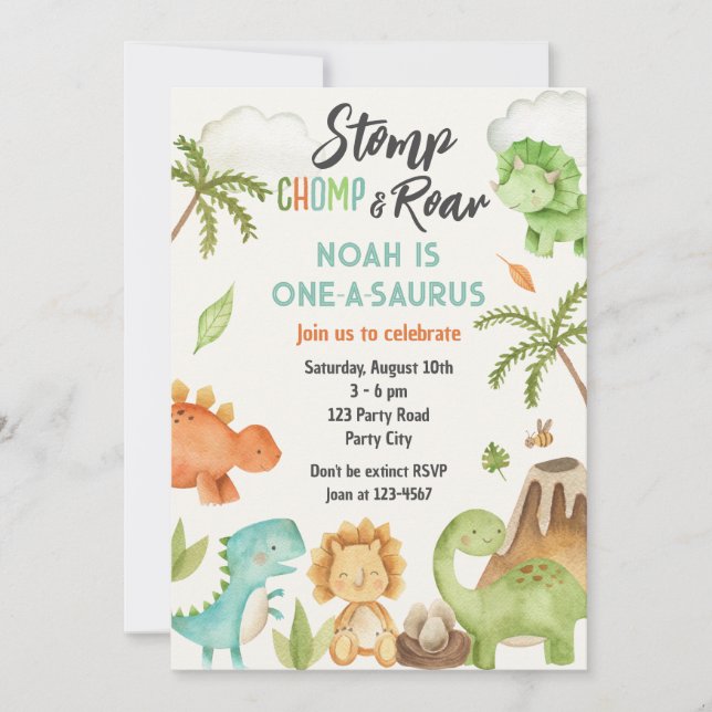 Dinosaur One-A-Saurs 1st Birthday Party Invitation (Front)