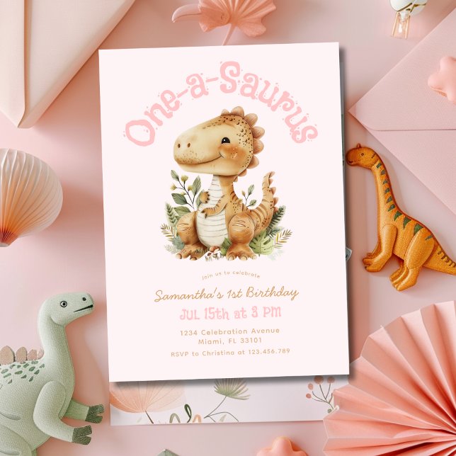 Dinosaur One-A-Saurus 1st Birthday Party Girl Pink Invitation (Creator Uploaded)