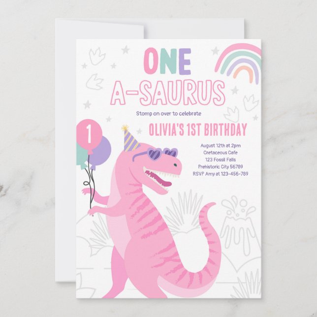 Dinosaur One A-Saurus 1st Birthday Party T-Rex  Invitation (Front)