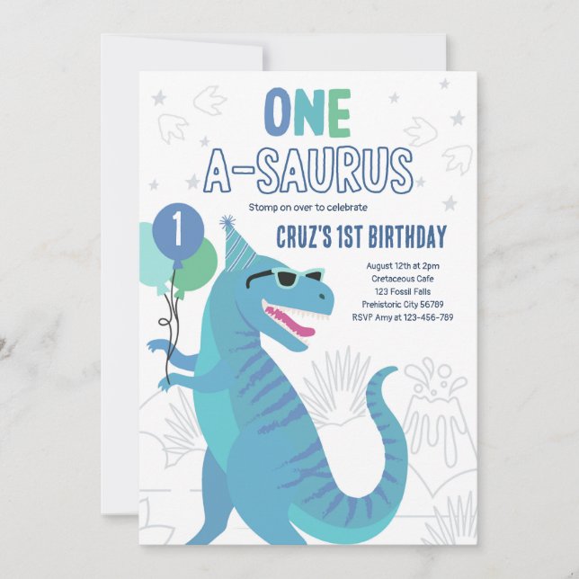 Dinosaur One A-Saurus 1st Birthday Party T-Rex  Invitation (Front)