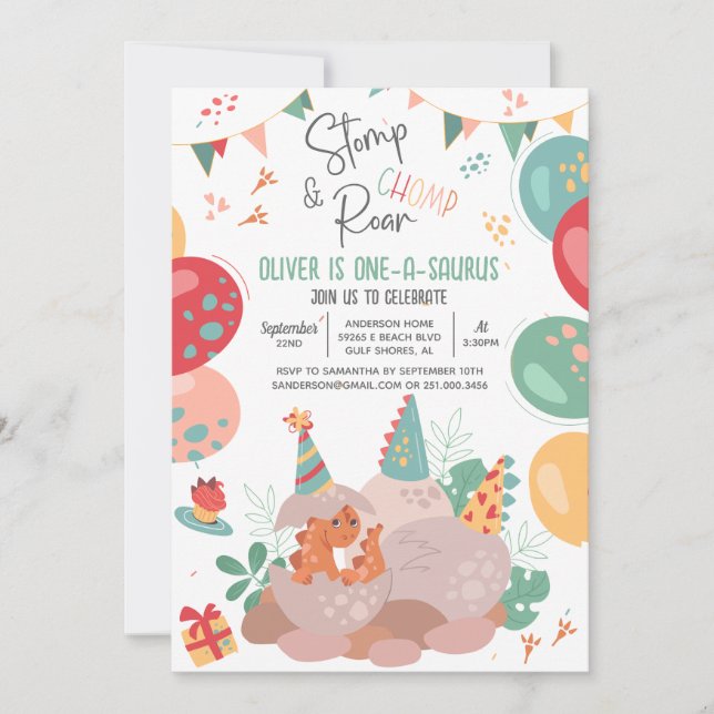 Dinosaur One-A-Saurus Birthday Party Invitation (Front)