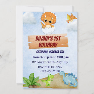 Dinosaur One A-Saurus Boy 1st Birthday Invitation