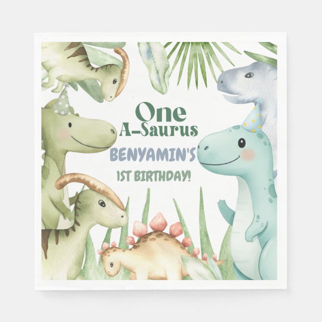 Dinosaur One-A-Saurus Boy 1st Birthday Party Invit Napkin (Front)