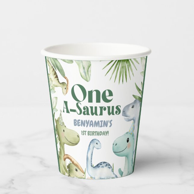 Dinosaur One-A-Saurus Boy 1st Birthday Party Invit Paper Cups (Front)