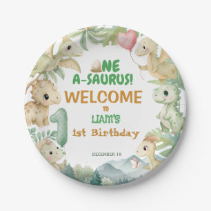 Dinosaur One-A-Saurus Boy 1st Birthday Party Paper Plate