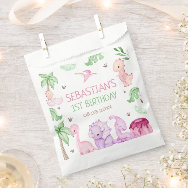 Dinosaur One-A-Saurus Girl 1st Birthday Party Favour Bag (Clipped)