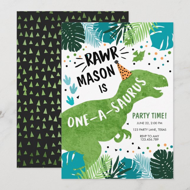 Dinosaur One-A-Saurus RAWR 1st First Birthday Invi Invitation (Front/Back)