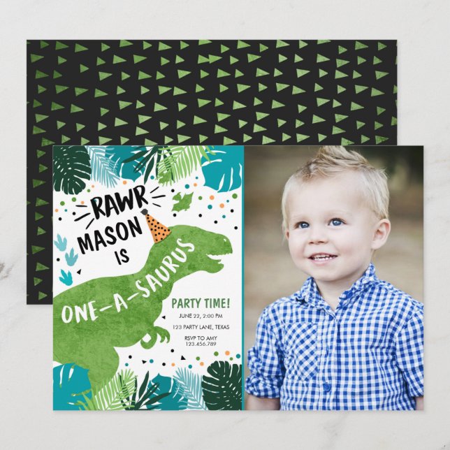 Dinosaur One-A-Saurus RAWR 1st First Birthday Invitation (Front/Back)