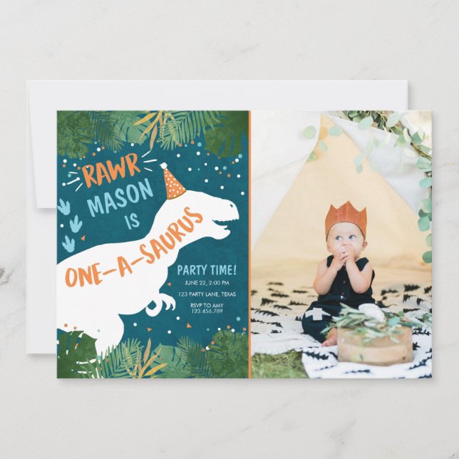 Dinosaur One-A-Saurus RAWR 1st First Birthday Invitation (Front)
