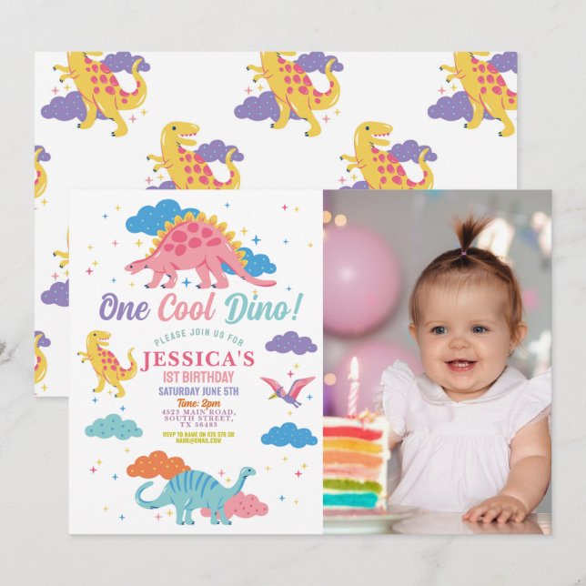 Dinosaur One Rex Cute Girls 1st Pink Party Photo Invitation (Front/Back)