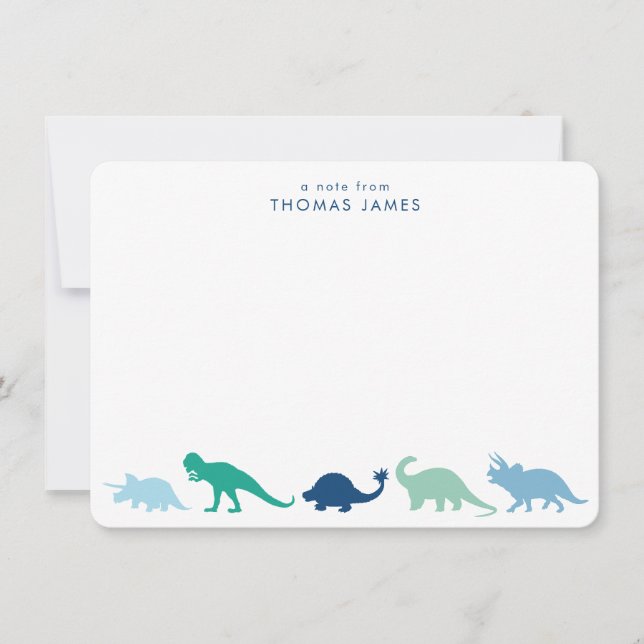 Dinosaur Parade, Teal and Blue Personalized Card (Front)