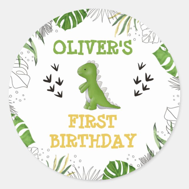 Dinosaur Party Birthday Boy Green Yellow Envelope  Classic Round Sticker (Front)