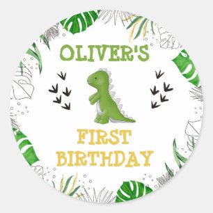 Dinosaur Party Birthday Boy Green Yellow Envelope  Classic Round Sticker