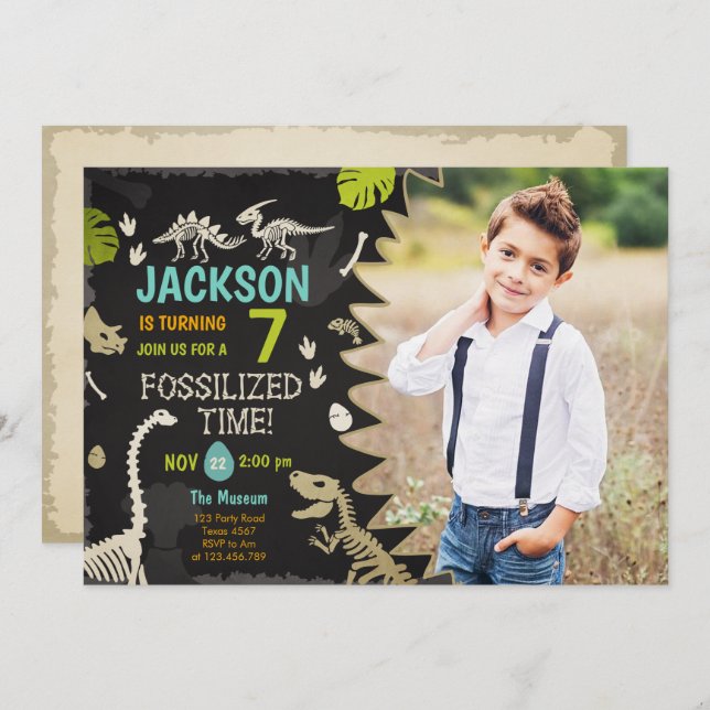 Dinosaur Party Boy Fossil Dino Dig Birthday Invitation (Front/Back)