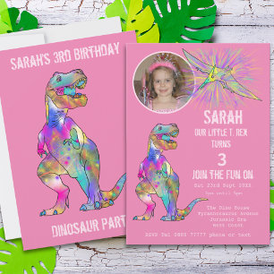 Dinosaur Party Girls 3rd Birthday Photo Pink Dino Invitation