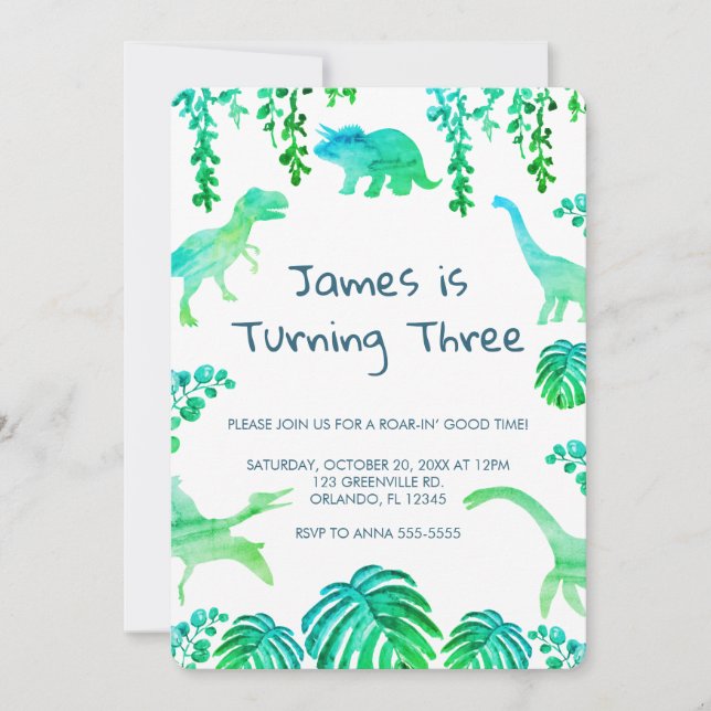 Dinosaur Party Green Botanical Invitation (Front)