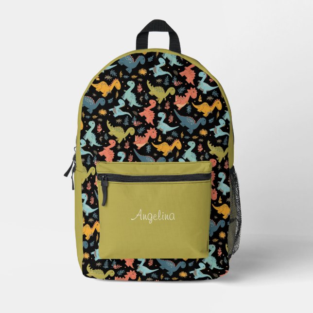 Dinosaur pattern black yellow lime name  printed backpack (Front)