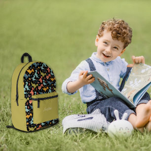 Dinosaur pattern black yellow lime name  printed backpack