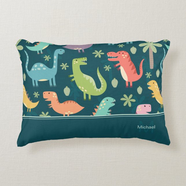 Dinosaur Pattern Blue Monogrammed Kid Boy Accent Pillow (Front)