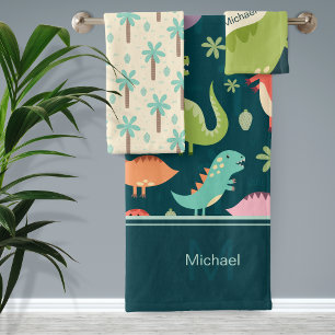 Dinosaur Pattern Blue Monogrammed Kid Boy Bathroom Bath Towel Set