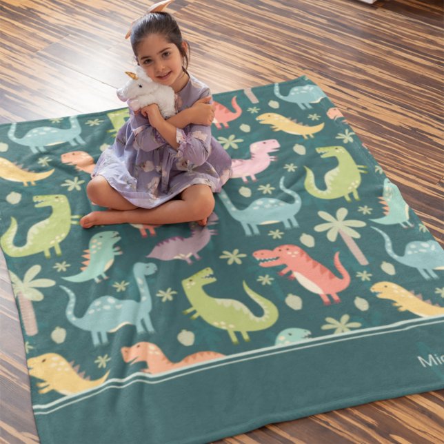 Dinosaur Pattern Blue Monogrammed Kid Boy Fleece Blanket (Creator Uploaded)
