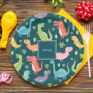 Dinosaur Pattern Blue Monogrammed Kid Boy Party Paper Plate