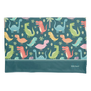 Dinosaur Pattern Blue Monogrammed Kid Boy Pillowcase