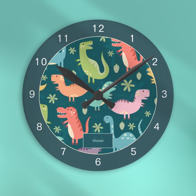 Dinosaur Pattern Blue Monogrammed Kid Boy Round Clock (Creator Uploaded)