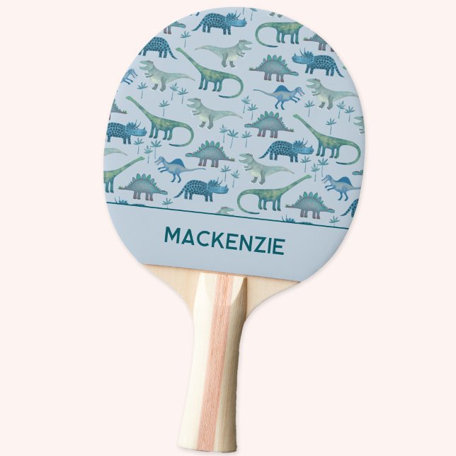 Dinosaur Pattern Blue Personalized Name Ping Pong Paddle (Personalized custom name dinosaur ping pong paddle)